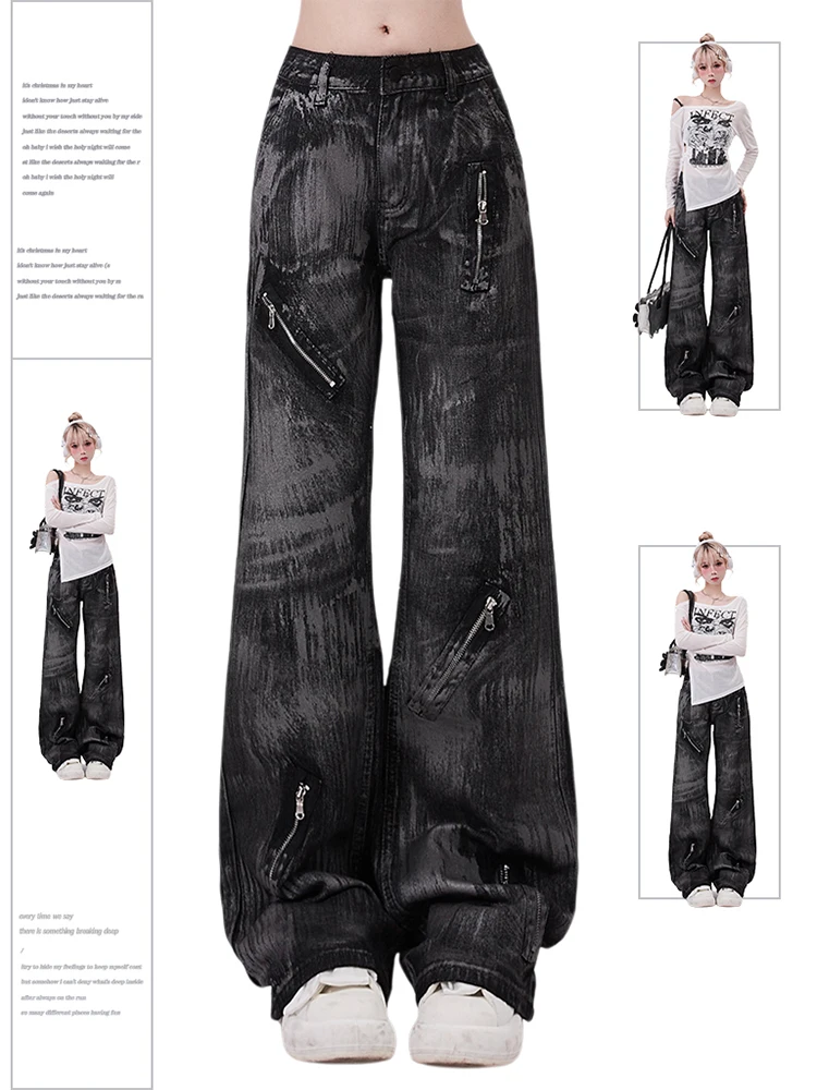 Women's Black Gothic Jeans Vintage Zippers Cowboy Pants Harajuku Baggy Punk Denim Trousers