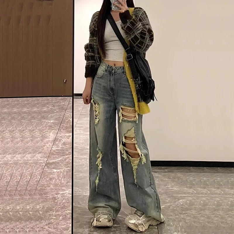 Vintage Ripped Denim Pants Baggy Streetwear American Jeans High Waist Hip Hop All-match Ins Tide Cowboy Trousers