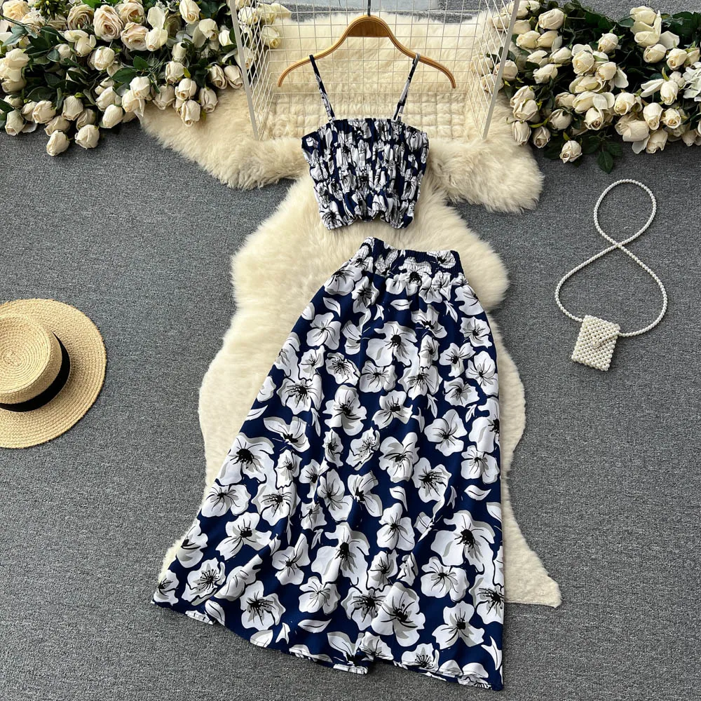 Women Dress Set New Summer Vacation Fashion Floral Print Straps Crop Tops + Long Skirts Outfits Beach 2Pcs Suits