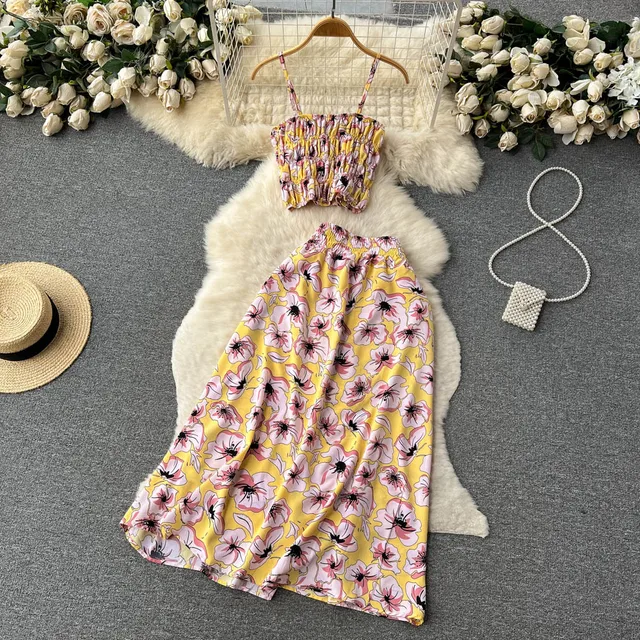 Women Dress Set New Summer Vacation Fashion Floral Print Straps Crop Tops + Long Skirts Outfits Beach 2Pcs Suits