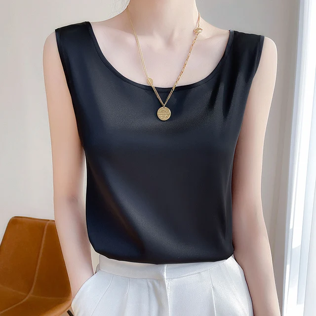 Summer Silk Camis Women's T Shirts Sleeveless Vest Satin Tank Tops Office Elegant Fashion O Neck Champagne BlouseTop Women