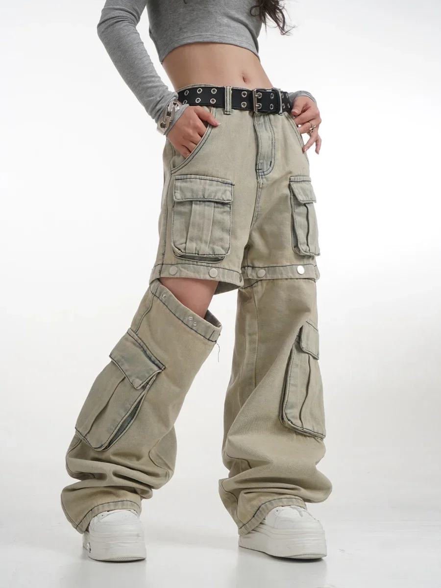 Women's Green Cargo Jeans Baggy Harajuku Aesthetic High Waist Denim Trouser Wide Jean Pants Vintage