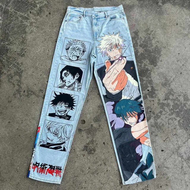 New Harajuku Anime Graphic wide leg jeans Streetwear Jeans for Men Women Japanese Style High Waist Jeans Wide Trouser Pants