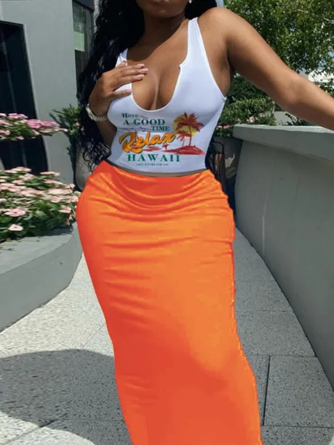 Letter Graffiti Print Two Pieces Dresses Suits Sleeveless White Crop Cami Top&Long Skinny Skirt Set Women's Summer Clothings