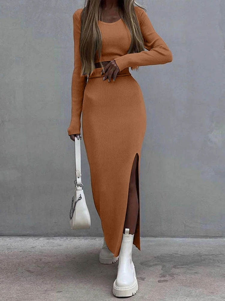 Spring Two Piece Sets Women Knitted Sweater Skirt Suit Streetwear Fashion Long Sleeve Sexy Slim Crop Tops Long Split Skirt Dress