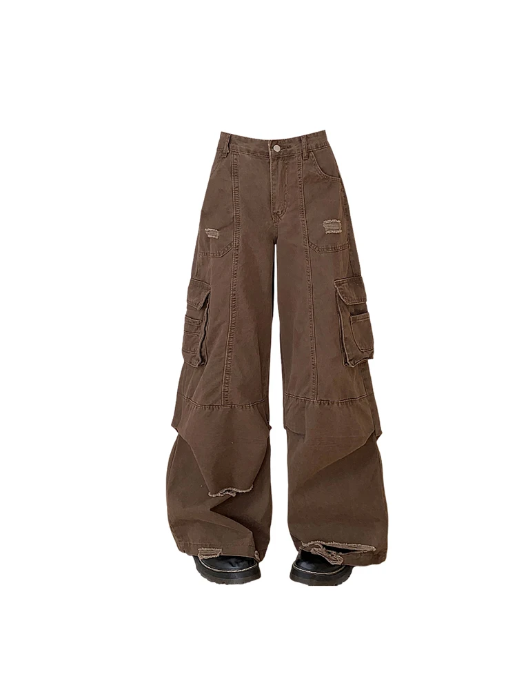 Women Coffee Cargo Jeans Baggy Aesthetic Vintage Cowboy Pants Harajuku Oversize High Waist Denim Trousers