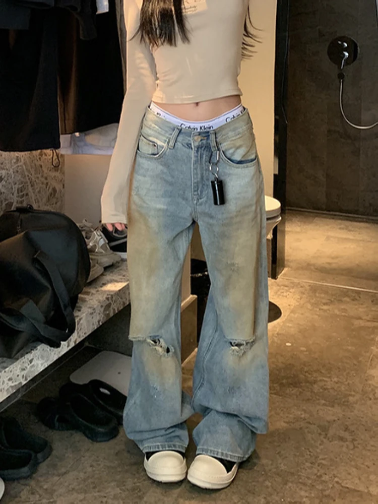 Baggy Low Waist Bottoms Hole Ripped Jeans Denim Pants Floor-Length Vintage Trousers