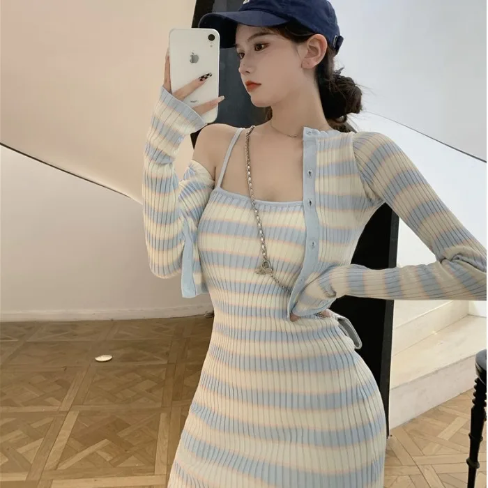 Stripe Knitted Women Fashion Two Piece Set Long Sleeve Cardigan Tops And Sexy Sheath Sling Dress Elegant Suit Female