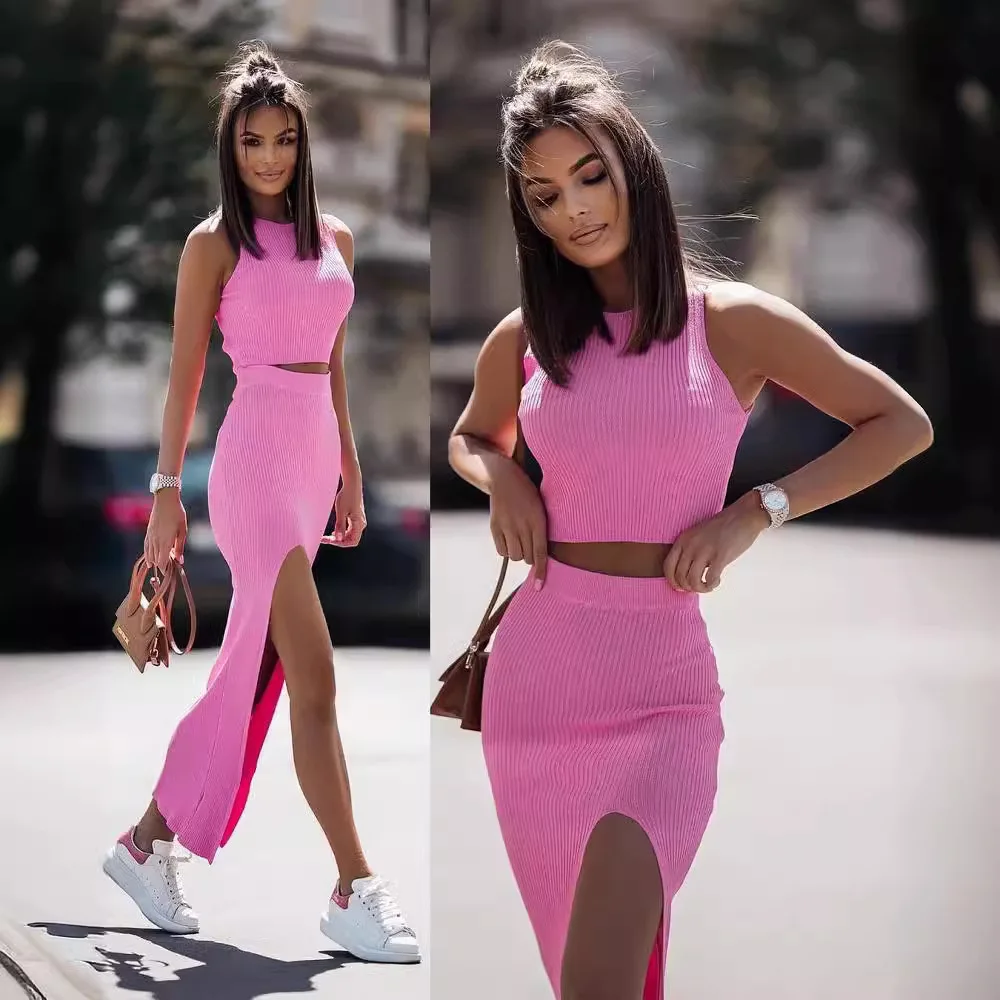 Summer Two Piece Dresses Sets Women Skirt Suit Streetwear Sexy Slim Crop Tops Long Split Skirt Dress Tank Vest Camis With Skirt