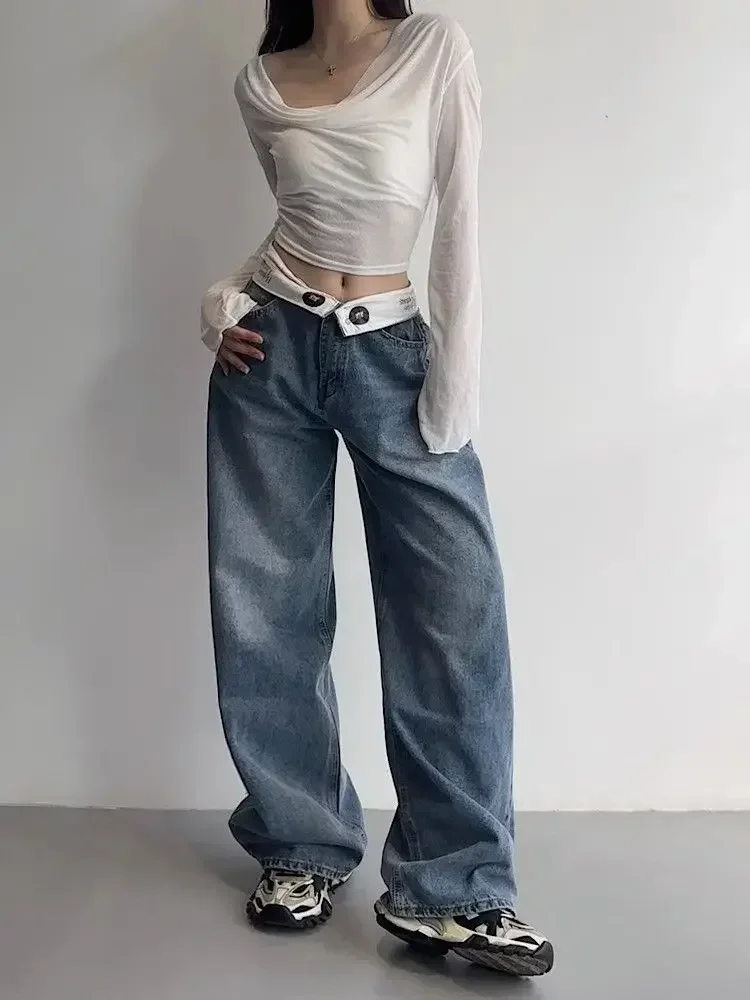 Vintage Jeans Women Baggy Kpop Gyaru Streetwear Wide Blue Denim Pants Harajuku Korean Fashion High Waist Jeans