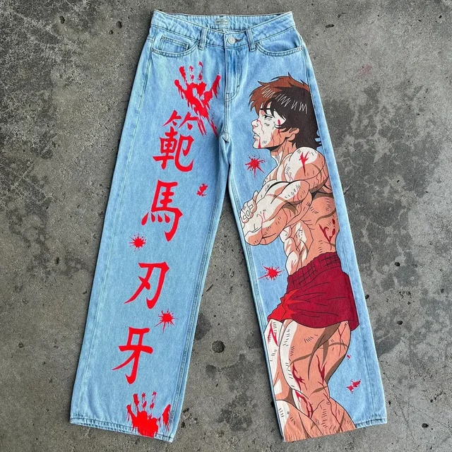 New Harajuku Anime Graphic wide leg jeans Streetwear Jeans for Men Women Japanese Style High Waist Jeans Wide Trouser Pants
