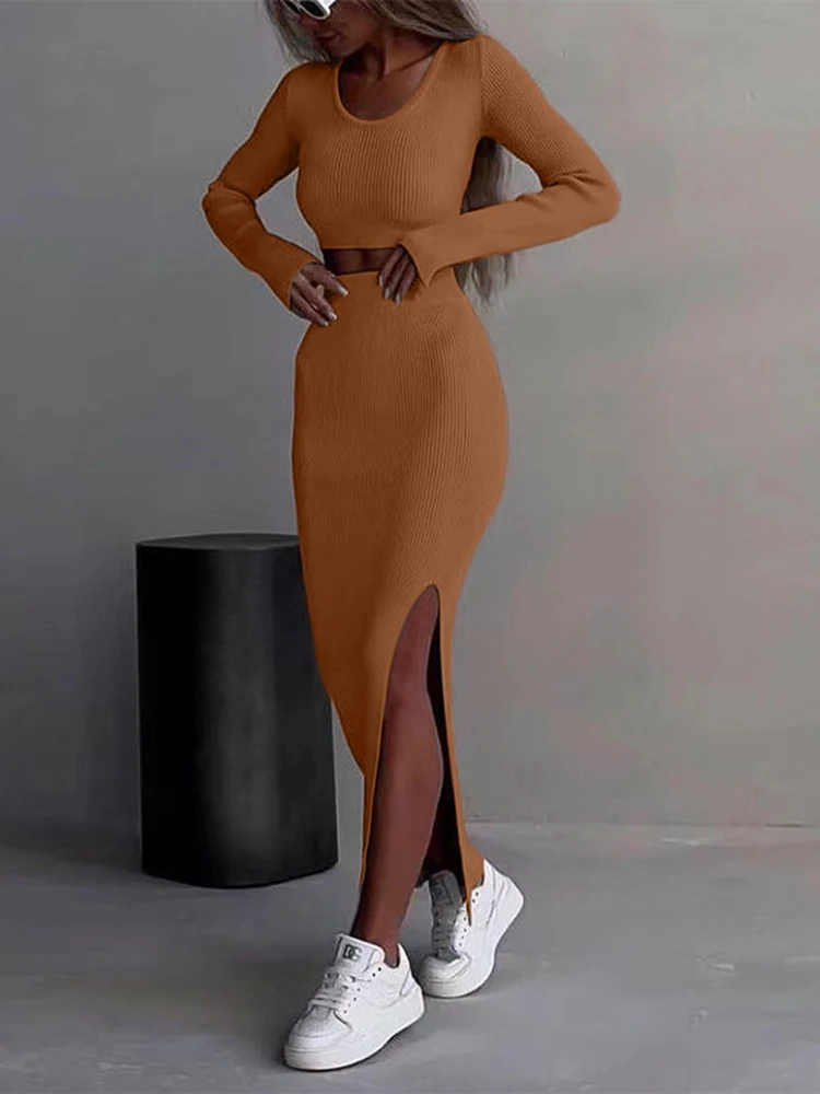 Spring Two Piece Sets Women Knitted Sweater Skirt Suit Streetwear Fashion Long Sleeve Sexy Slim Crop Tops Long Split Skirt Dress