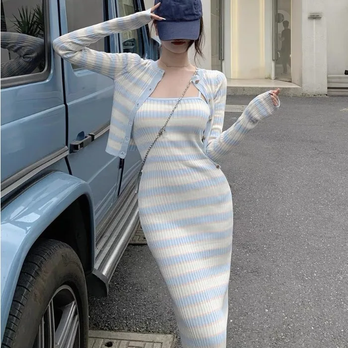 Stripe Knitted Women Fashion Two Piece Set Long Sleeve Cardigan Tops And Sexy Sheath Sling Dress Elegant Suit Female