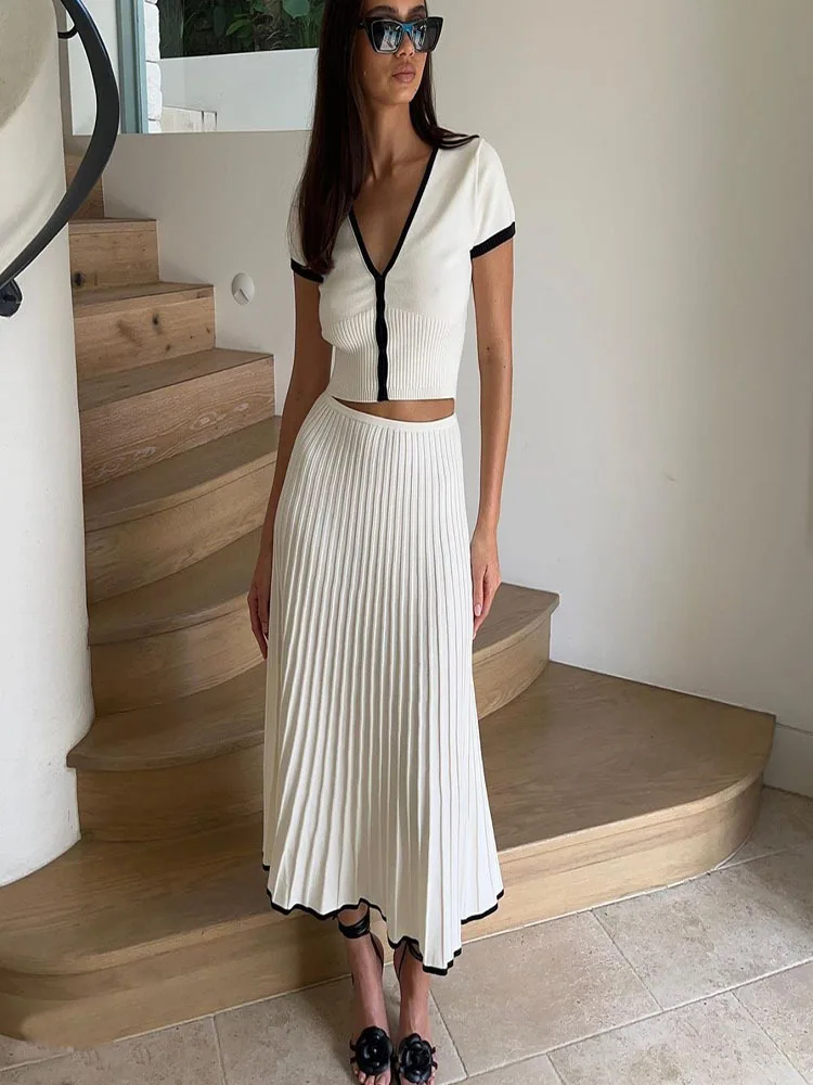Summer Women White long Skirt Suit Short Sleeve V-neck crop top pleated set elegant dress skirt set
