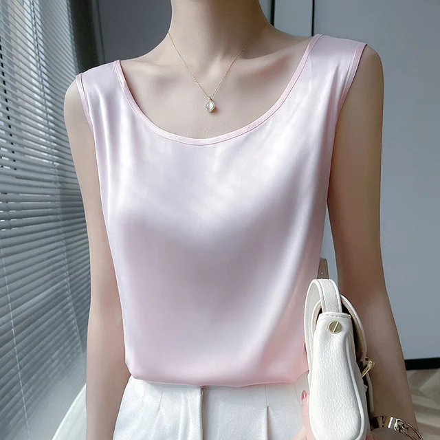 Summer Silk Camis Women's T Shirts Sleeveless Vest Satin Tank Tops Office Elegant Fashion O Neck Champagne BlouseTop Women