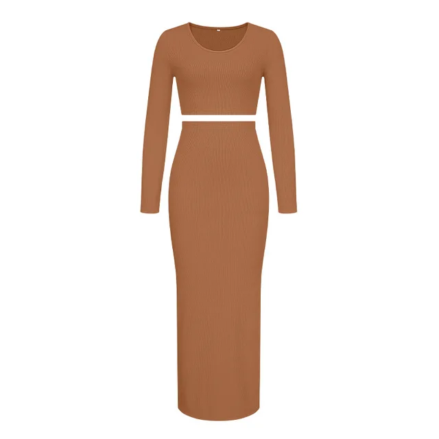 Spring Two Piece Sets Women Knitted Sweater Skirt Suit Streetwear Fashion Long Sleeve Sexy Slim Crop Tops Long Split Skirt Dress
