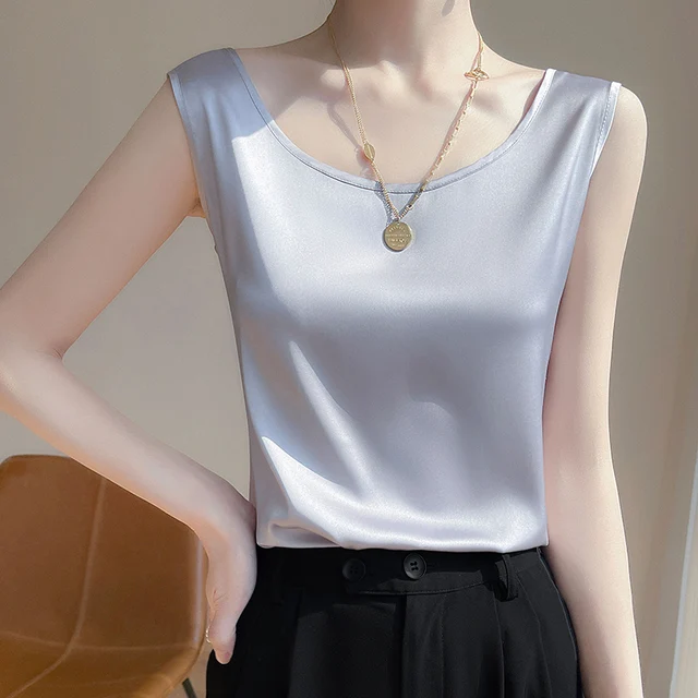 Summer Silk Camis Women's T Shirts Sleeveless Vest Satin Tank Tops Office Elegant Fashion O Neck Champagne BlouseTop Women