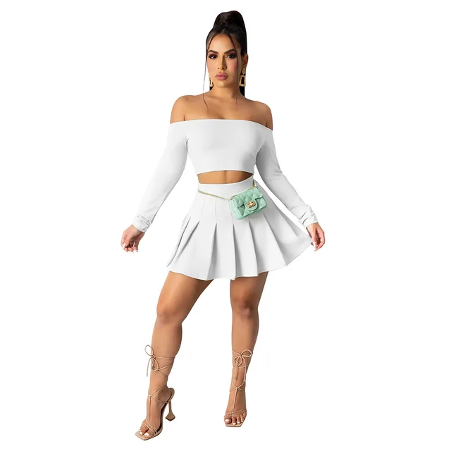 Birthday Outfits Women Dress Sets Raglan Sleeve Slash Neck T Shirt Suit Sexy Crop Top Ladies Pleated Mini Dresses Two Piece Set