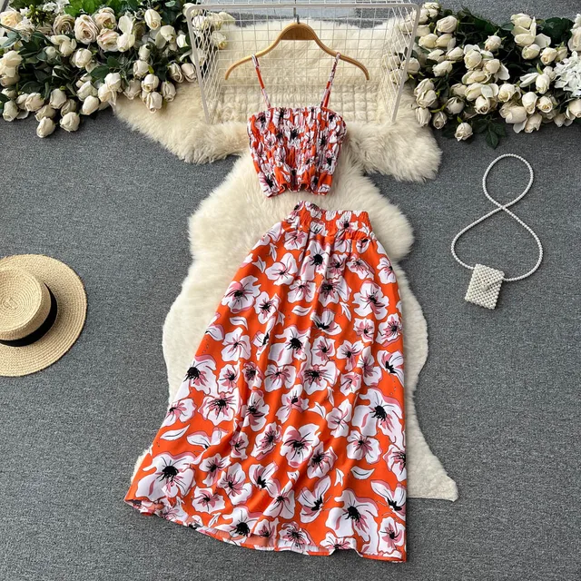 Women Dress Set New Summer Vacation Fashion Floral Print Straps Crop Tops + Long Skirts Outfits Beach 2Pcs Suits