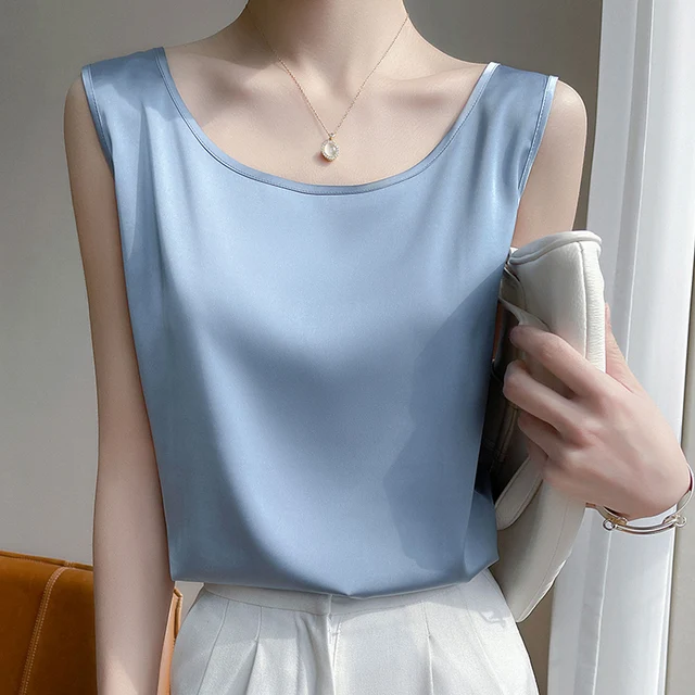Summer Silk Camis Women's T Shirts Sleeveless Vest Satin Tank Tops Office Elegant Fashion O Neck Champagne BlouseTop Women