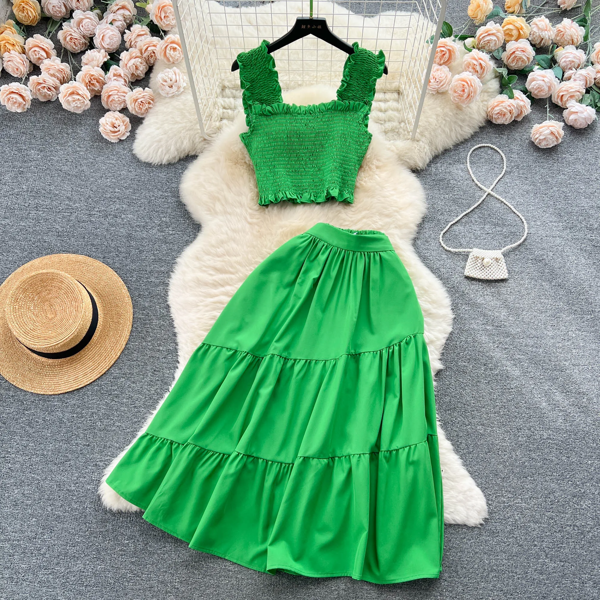 Chic Fashion Women Dress Suits Summer Vacation Style Sleeveless Stretchy Tops + High Waist Long Skirts Lady Outfits