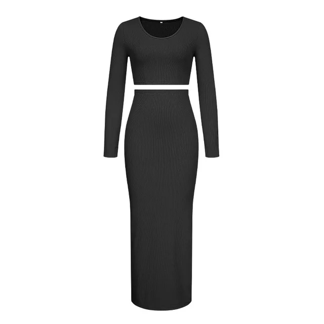 Spring Two Piece Sets Women Knitted Sweater Skirt Suit Streetwear Fashion Long Sleeve Sexy Slim Crop Tops Long Split Skirt Dress