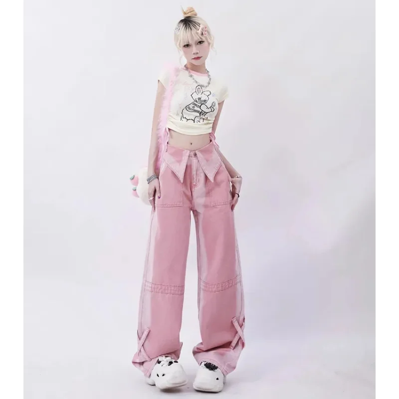 Women Pink Jeans Contrasting Colors High Waist American Wide Leg Pants Fashion Hip Hop Vintage Straight Autumn Blue Trousers