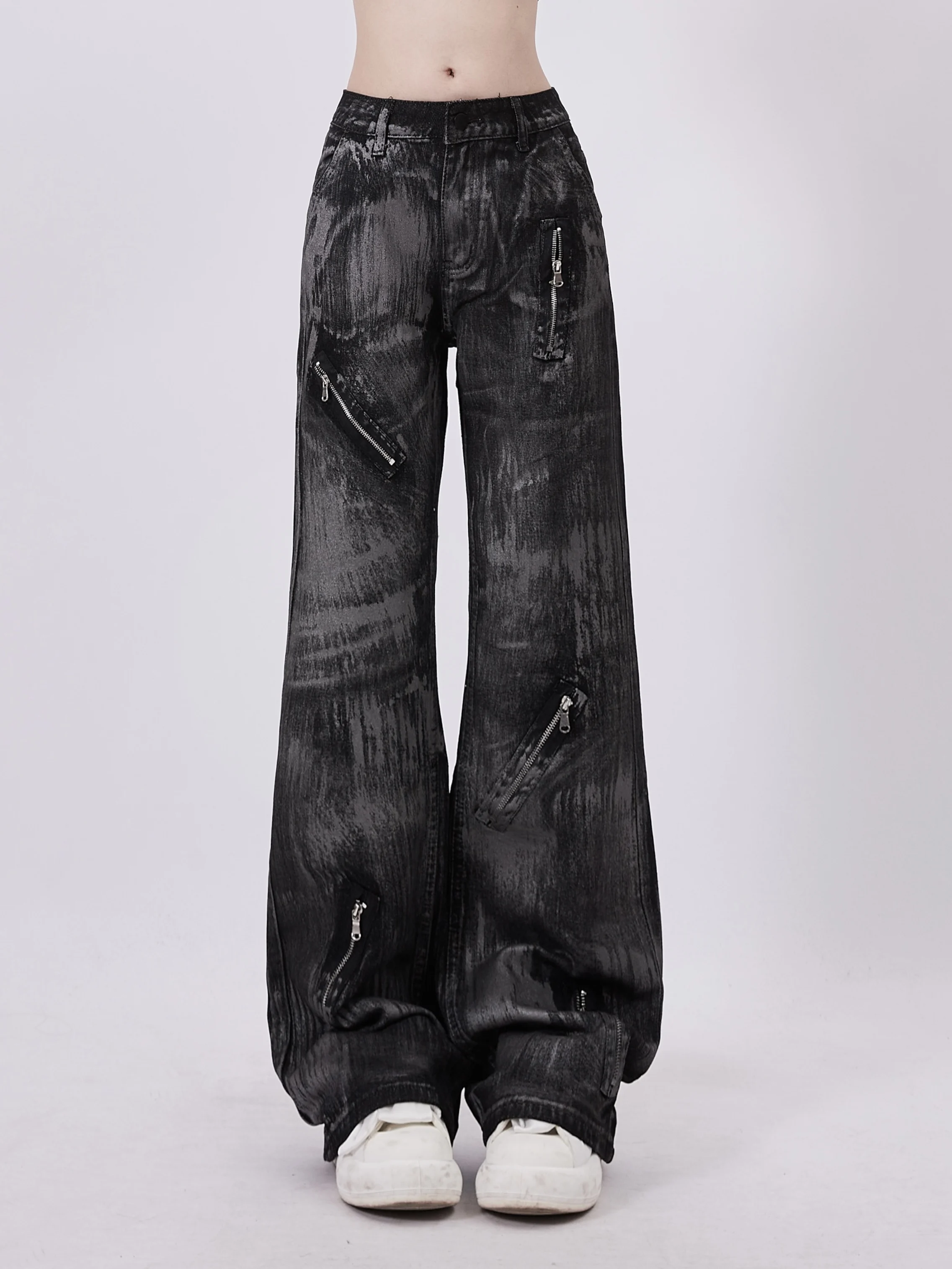 Women's Black Gothic Jeans Vintage Zippers Cowboy Pants Harajuku Baggy Punk Denim Trousers