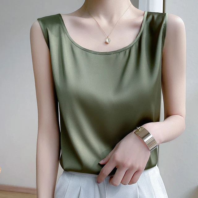 Summer Silk Camis Women's T Shirts Sleeveless Vest Satin Tank Tops Office Elegant Fashion O Neck Champagne BlouseTop Women