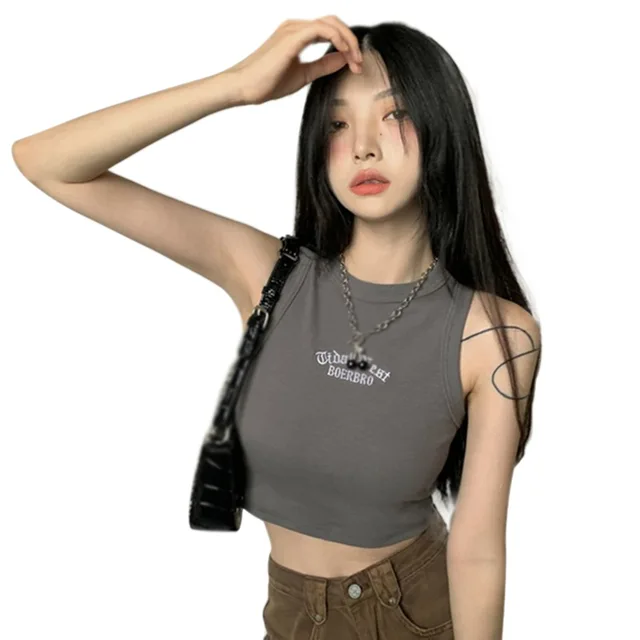 Women's Temperament Slim Tank Top With Chest Pad Fashion Girly Round Neck Letter Embroidery Sleeveless Casual Sport Crop Top