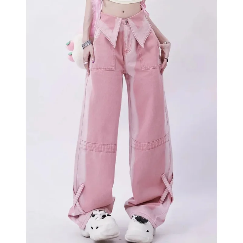 Women Pink Jeans Contrasting Colors High Waist American Wide Leg Pants Fashion Hip Hop Vintage Straight Autumn Blue Trousers