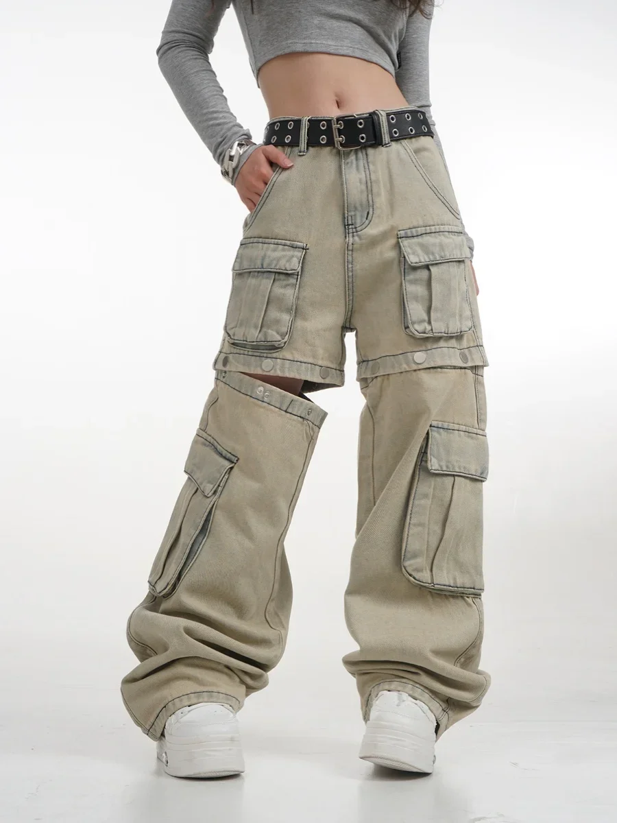 Women's Green Cargo Jeans Baggy Harajuku Aesthetic High Waist Denim Trouser Wide Jean Pants Vintage