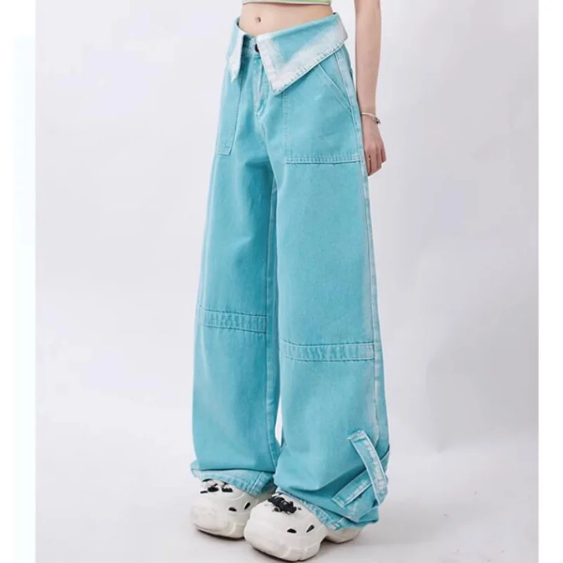 Women Pink Jeans Contrasting Colors High Waist American Wide Leg Pants Fashion Hip Hop Vintage Straight Autumn Blue Trousers