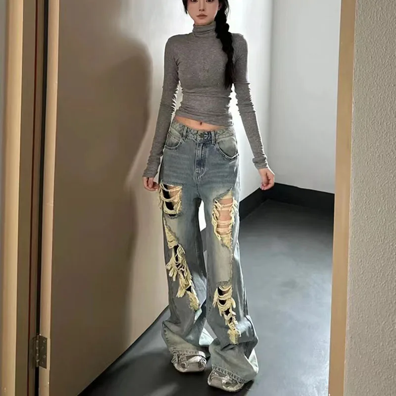 Vintage Ripped Denim Pants Baggy Streetwear American Jeans High Waist Hip Hop All-match Ins Tide Cowboy Trousers