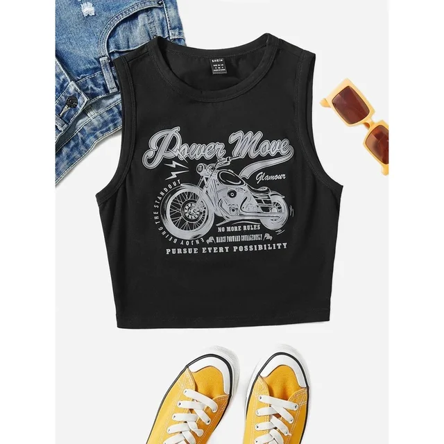 Women's Cool Sleeveless Round Neck Tank Motorcycle & Slogan Print Short Vest Tee Cool Street Fashion Women Clothin