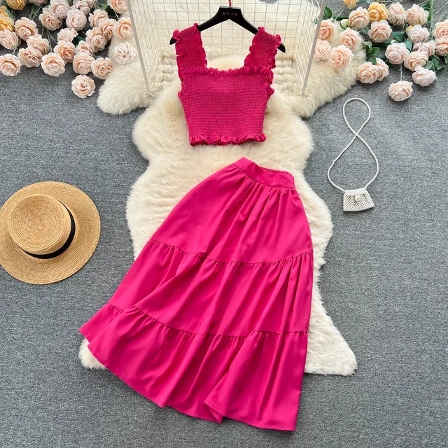 Chic Fashion Women Dress Suits Summer Vacation Style Sleeveless Stretchy Tops + High Waist Long Skirts Lady Outfits
