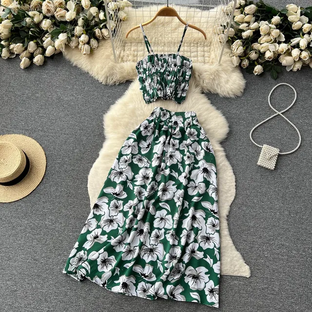 Women Dress Set New Summer Vacation Fashion Floral Print Straps Crop Tops + Long Skirts Outfits Beach 2Pcs Suits