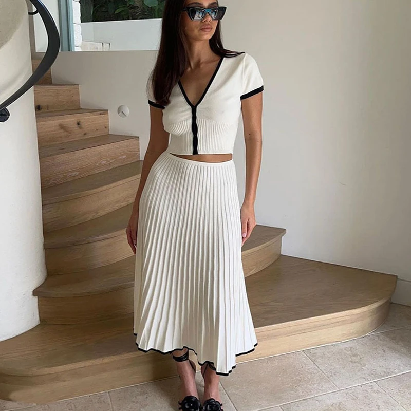 Summer Women White long Skirt Suit Short Sleeve V-neck crop top pleated set elegant dress skirt set
