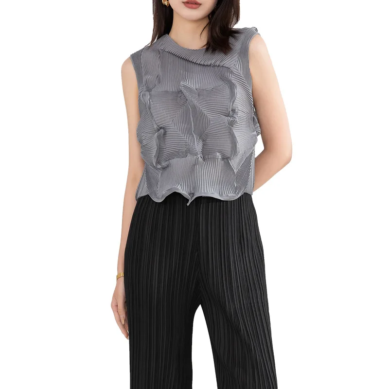 Miyake Pleated Vest Women's Summer New Fashion Loose Temperament Design Large Size Stretch Bud Bottoming Top