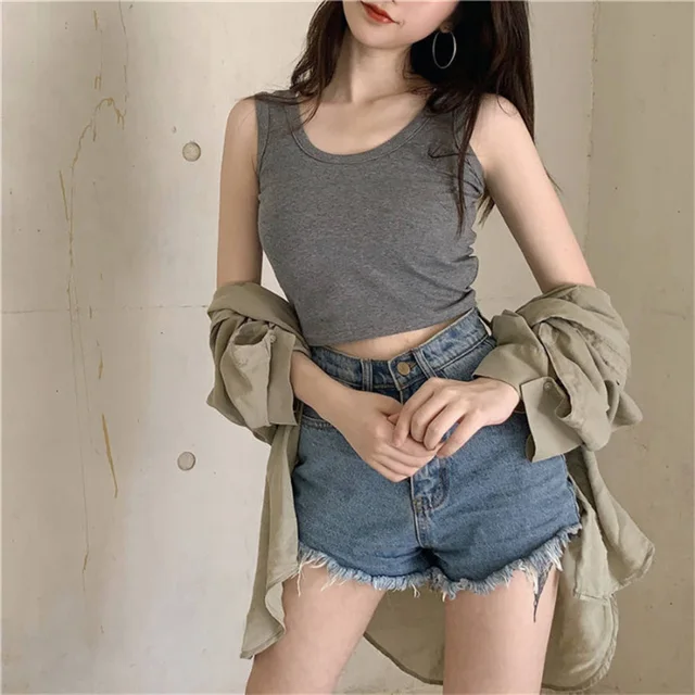 Black Knitted Round Neck Women T-shirt Sexy Sleeveless Camisole Crop Top Woman Tight Stretch Tank Top Ladies Tee Top Streetwear