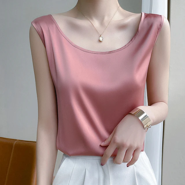 Summer Silk Camis Women's T Shirts Sleeveless Vest Satin Tank Tops Office Elegant Fashion O Neck Champagne BlouseTop Women