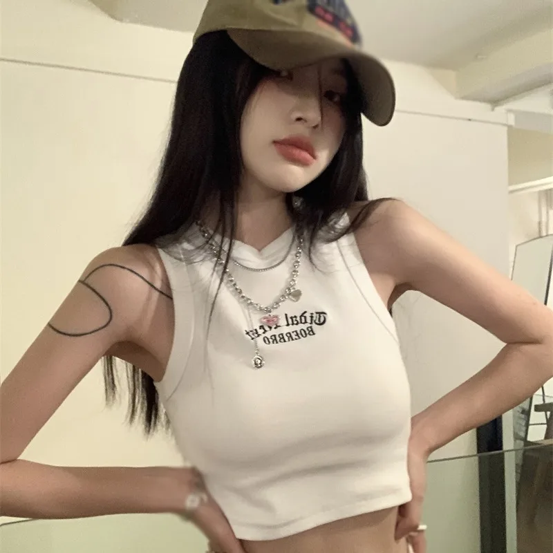 Women's Temperament Slim Tank Top With Chest Pad Fashion Girly Round Neck Letter Embroidery Sleeveless Casual Sport Crop Top