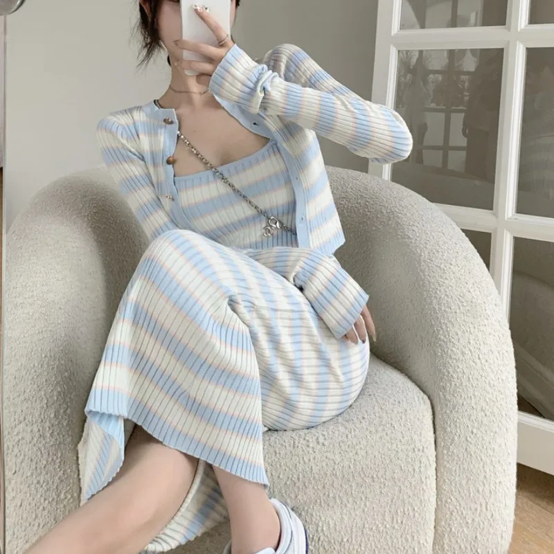 Stripe Knitted Women Fashion Two Piece Set Long Sleeve Cardigan Tops And Sexy Sheath Sling Dress Elegant Suit Female