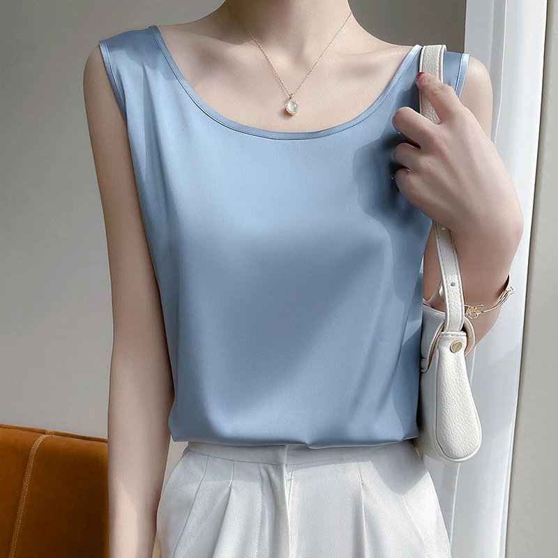 Summer Silk Camis Women's T Shirts Sleeveless Vest Satin Tank Tops Office Elegant Fashion O Neck Champagne BlouseTop Women