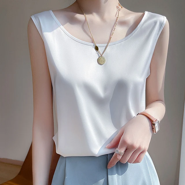 Summer Silk Camis Women's T Shirts Sleeveless Vest Satin Tank Tops Office Elegant Fashion O Neck Champagne BlouseTop Women