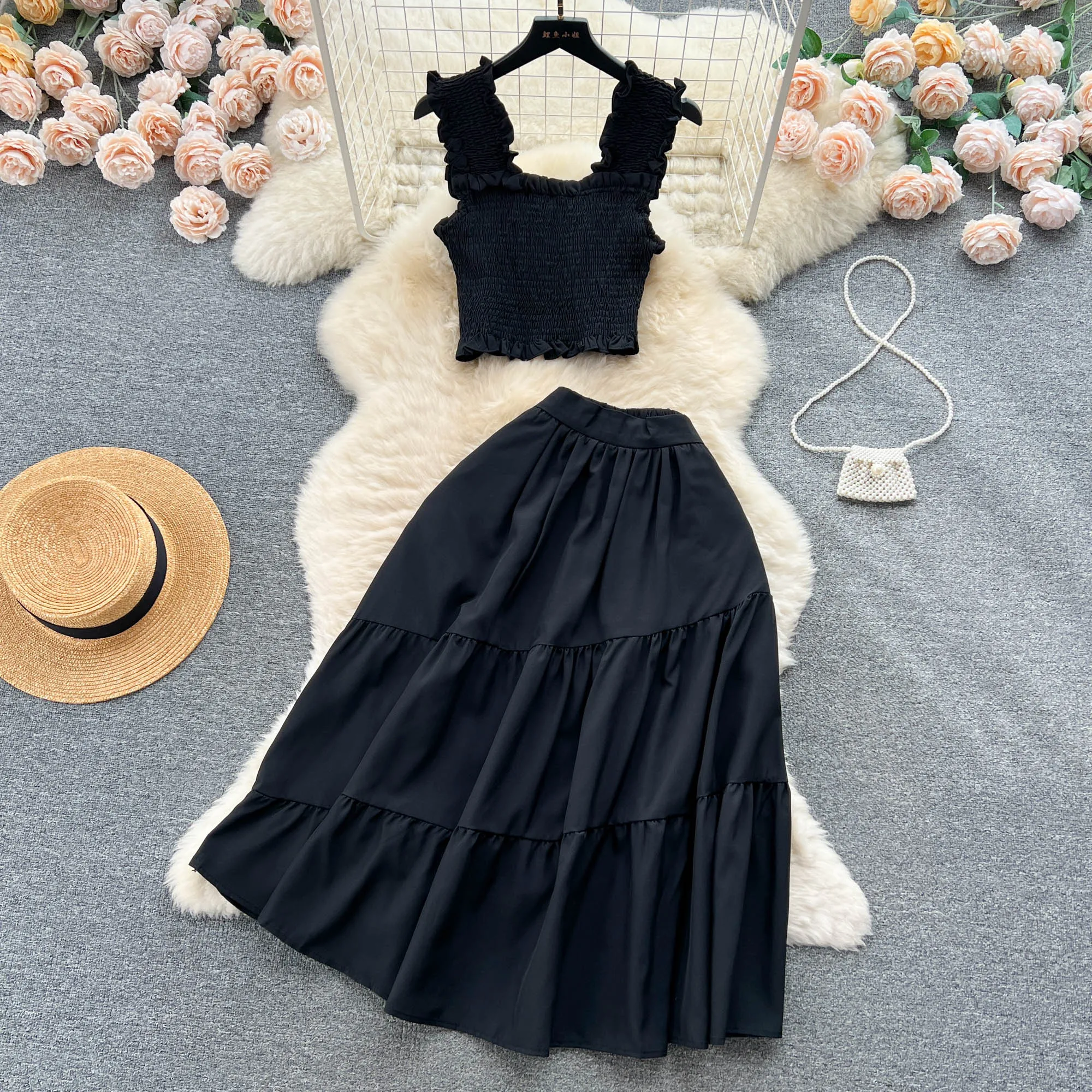 Chic Fashion Women Dress Suits Summer Vacation Style Sleeveless Stretchy Tops + High Waist Long Skirts Lady Outfits