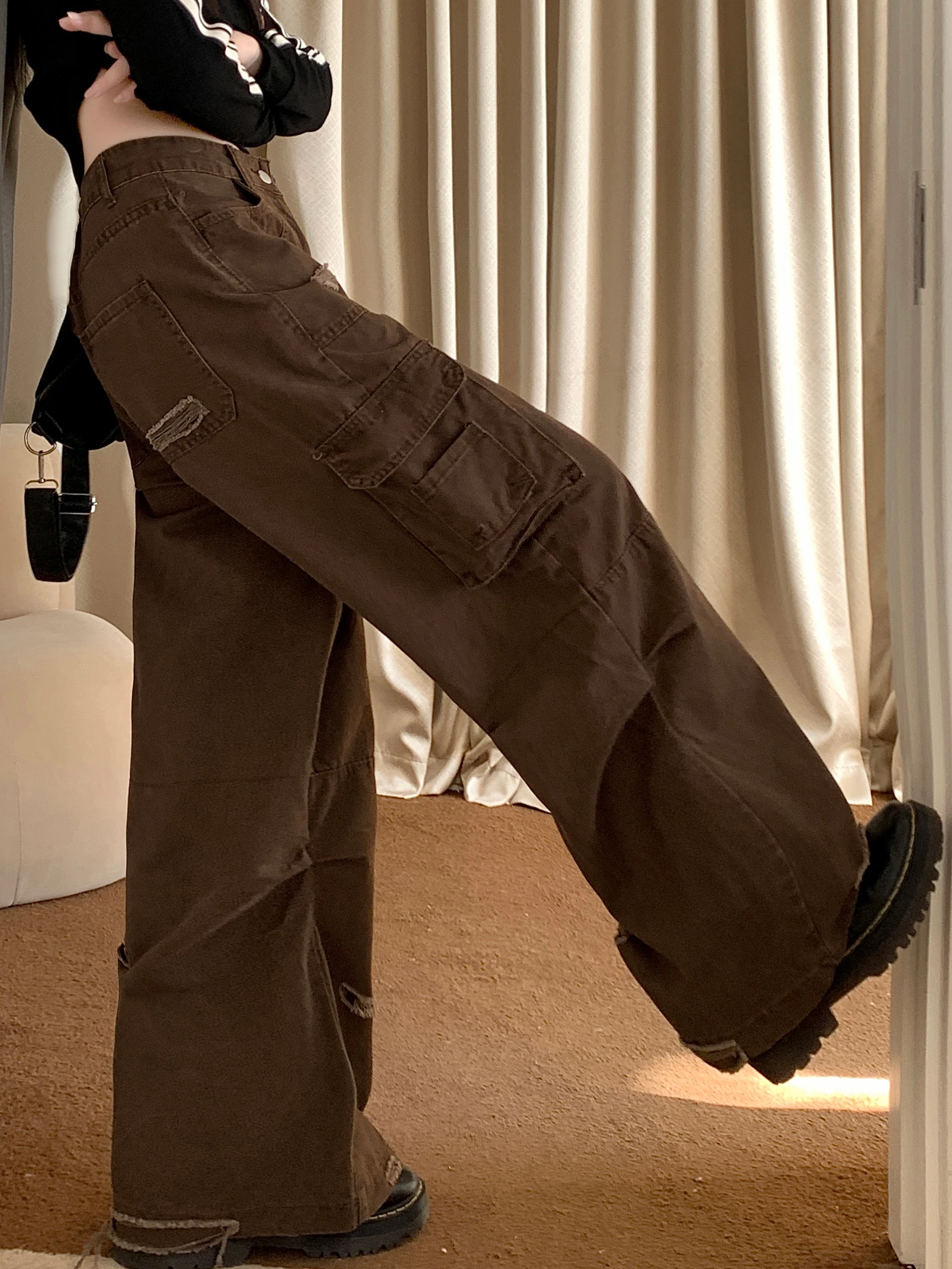 Women Coffee Cargo Jeans Baggy Aesthetic Vintage Cowboy Pants Harajuku Oversize High Waist Denim Trousers