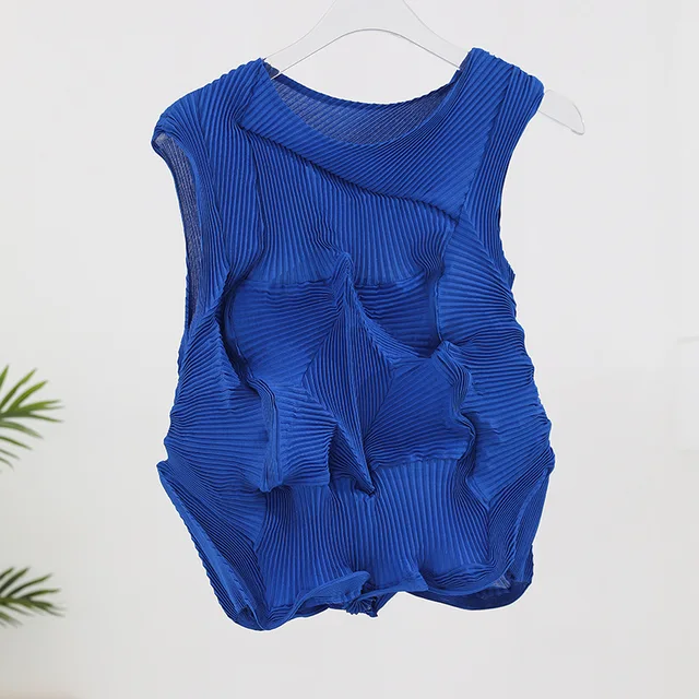 Miyake Pleated Vest Women's Summer New Fashion Loose Temperament Design Large Size Stretch Bud Bottoming Top