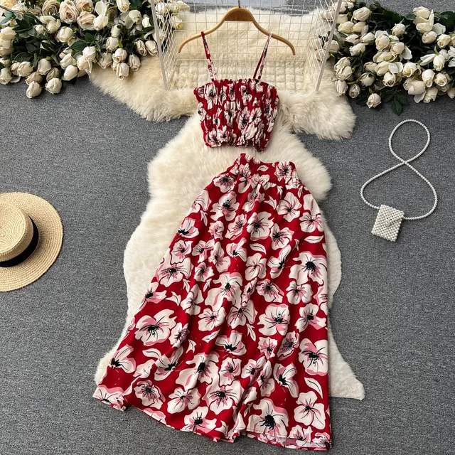 Women Dress Set New Summer Vacation Fashion Floral Print Straps Crop Tops + Long Skirts Outfits Beach 2Pcs Suits