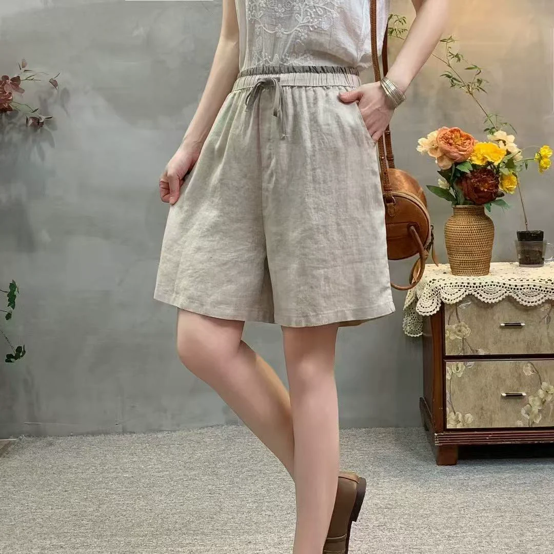 Babakud Summer Retro Linen Casual Elastic Waist Versatile Shorts